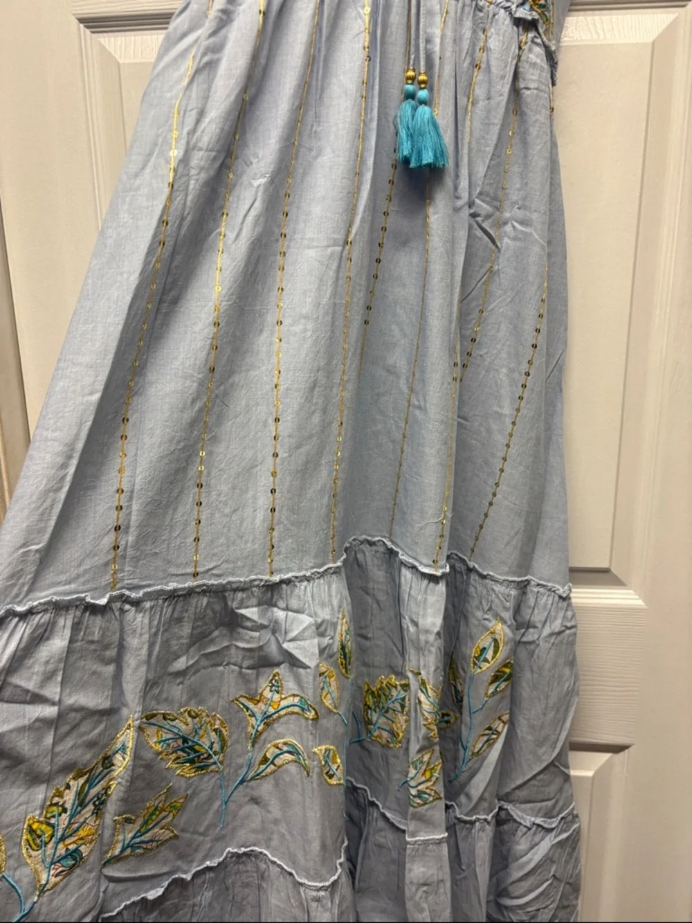 POL Light Blue Embroidered Maxi Dress with Tassel Tie and Sequin detail Women